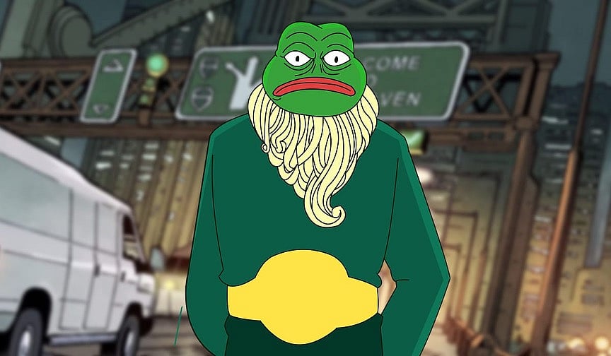 A green frog wizard with a long white beard and blue robes standing in a city at night.