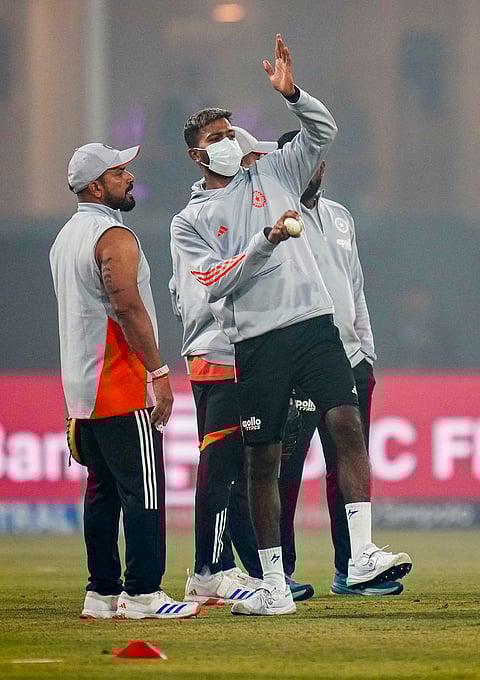 India's Hardik Pandya, centre, ahead of the fourth T20 International cricket match of a series between India and South Africa, at Ekana Cricket Stadium in Lucknow.