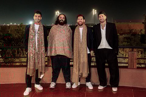 From left, Uruguayan footballer Luis Suarez, Reliance Industries Chairman Mukesh Ambani's son Anant Ambani and Argentine footballers Lionel Messi and Rodrigo De Paul at Vantara, a wildlife rescue, rehabilitation and conservation centre, in Jamnagar, Gujarat. 