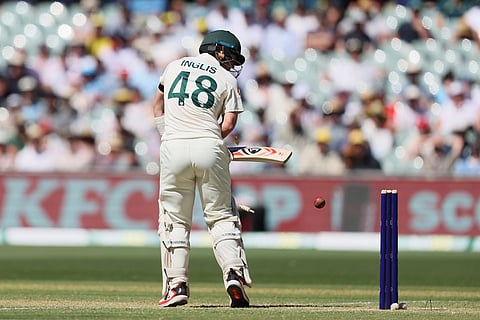 Australia's Josh Inglis bowled out by England's Josh Tongue during play on day one of the third Ashes cricket test between England and Australia at the Adelaide Oval in Adelaide, Australia.