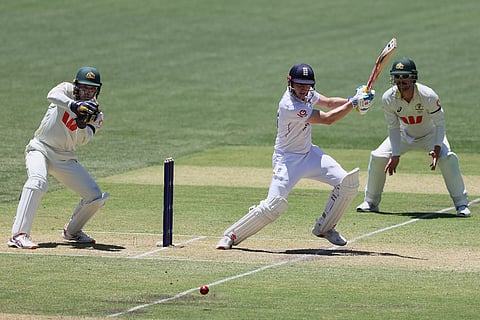 England's Harry Brook plays a shot during play on day two of the third Ashes cricket test between England and Australia in Adelaide, Australia.