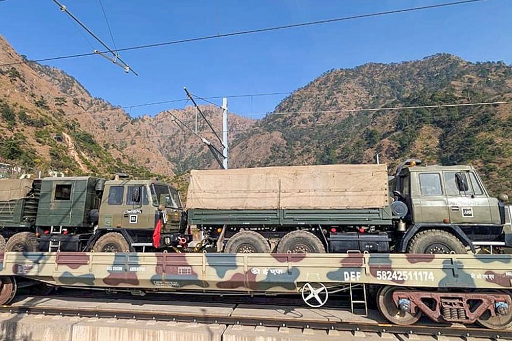 Army trucks move on special military train along Jammu-Srinagar route