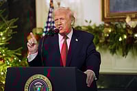 Trump Blames Biden On Immigration, Claims End To Wars In Year-End Address Doug Mills : President Donald Trump speaks during an address to the nation from the Diplomatic Reception Room at the White House, Wednesday, Dec. 17, 2025, in Washington.