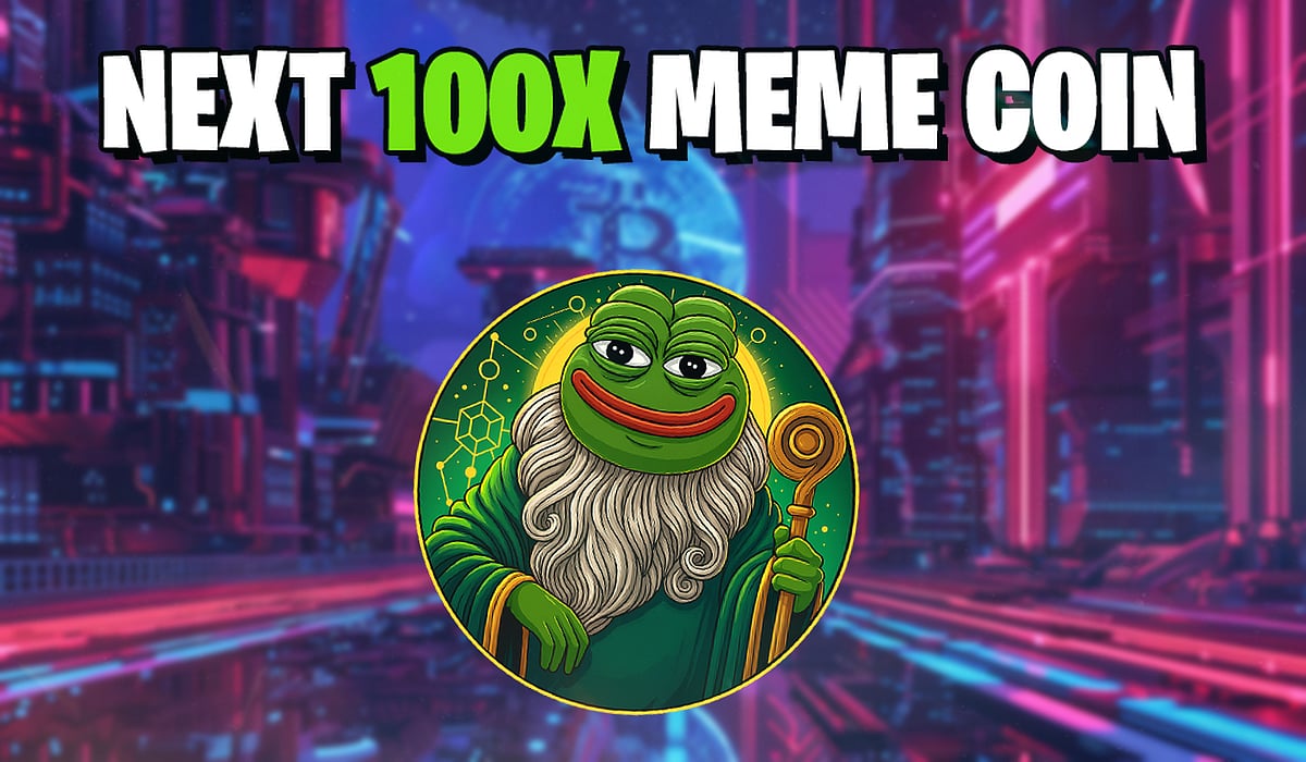 Pepe wizard icon with NEXT 100X MEME COIN text on a neon futuristic background