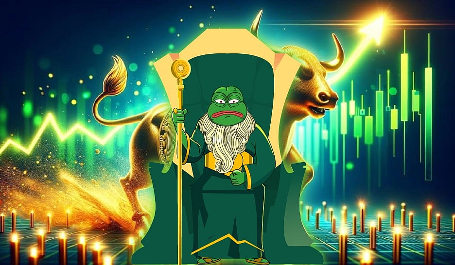 Pepe wizard on a throne with a golden bull and rising stock market charts.