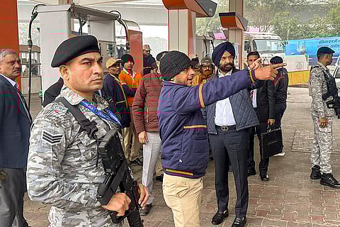 Delhi Environment Minister Manjinder Singh Sirsa during an inspection at a petrol pump, in New Delhi. With fewer vehicles rolling in and enforcement teams stationed at entrances, petrol pumps across the national capital on Thursday wore a quieter look as the 'No PUC, No Fuel' rule came into force to curb worsening air pollution.