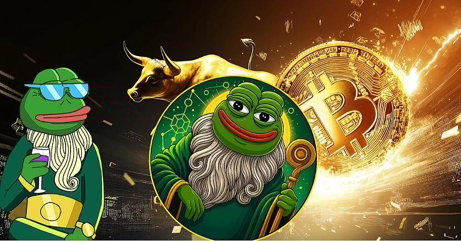 Two Pepe characters, a golden bull, and a Bitcoin coin on a dark, sparkling background.