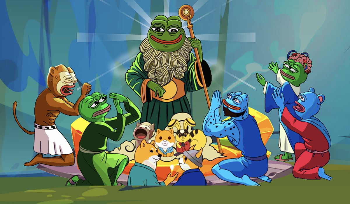 Cartoon frog characters in a meme-style illustration with fantasy costumes