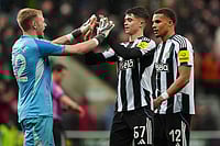 EFL Cup 2025-26: Teenager Lewis Miley's Injury Time Goal Sends Magpies To Semi-Finals | Photo: Owen Humphreys/PA via AP : Newcastle United goalkeeper Aaron Ramsdale, left, celebrates with Lewis Miley (67) and Malick Thiaw (12) after the English League Cup quarterfinal soccer match between Newcastle and Fulham in Newcastle upon Tyne, England.