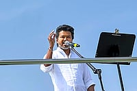 | Photo: PTI : Tamilaga Vettri Kazhagam (TVK) chief Vijay addresses a public meeting, in Erode, Tamil Nadu.