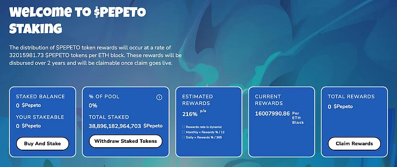 Pepeto crypto staking interface