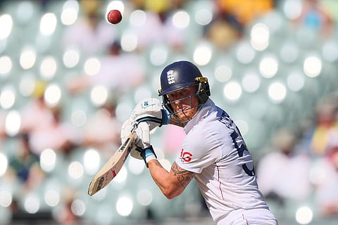 England's captain Ben Stokes plays a shot during play on day two of the third Ashes cricket test between England and Australia in Adelaide, Australia.