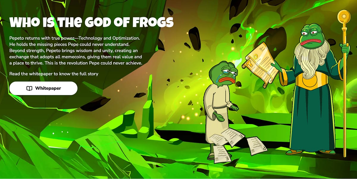 Cartoon image of two frogs, one robed and holding a scroll, under the title WHO IS THE GOD OF FROGS.