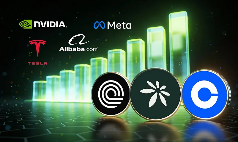 Tech and crypto company logos with a rising chart