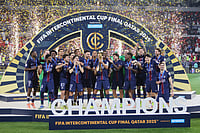 FIFA Intercontinental Cup 2025 Final: PSG Claim Their First Global Title Through Goalkeeper Safanov's Heroics | Photo: AP/Hussein Sayed : PSG's Marquinhos lifts the trophy after winning the FIFA Intercontinental Cup final soccer match between Flamengo and Paris Saint-Germain in Doha, Qatar.