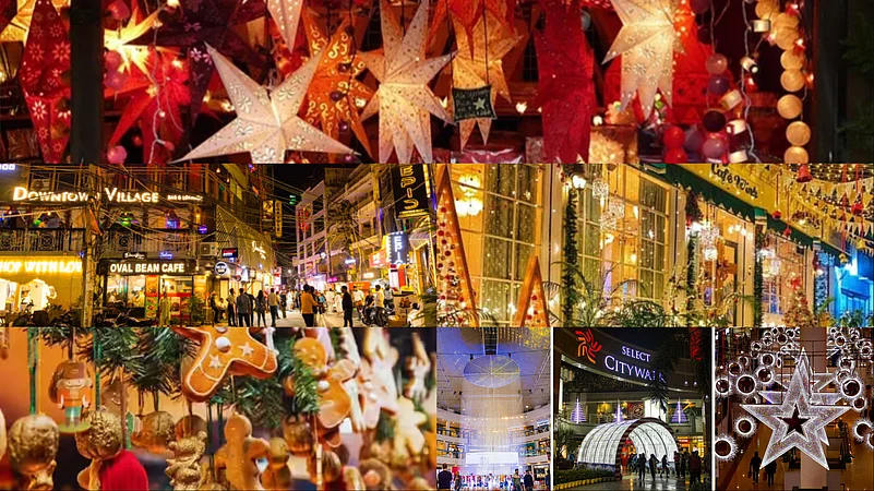 Collage of Delhi streets and markets decorated with Christmas lights