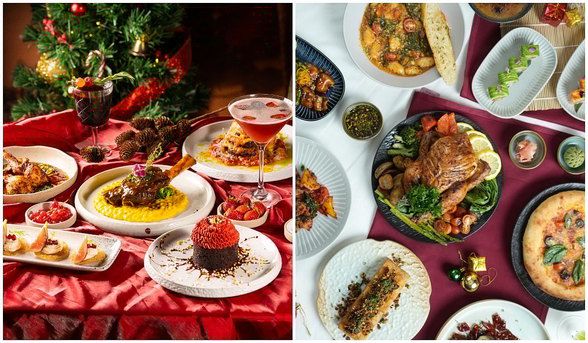 Festive Christmas dinner spreads with roasted meats, sides, and cocktails on decorated tables.