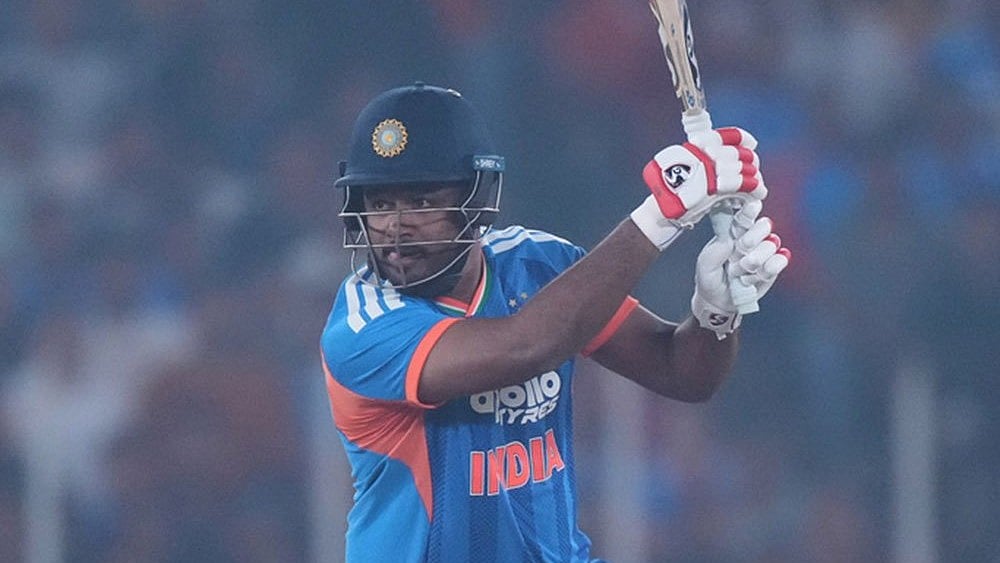 India's Sanju Samson plays a shot during the fifth T20 cricket match between India and South Africa in Ahmedabad. - | Photo: AP/Ajit Solanki