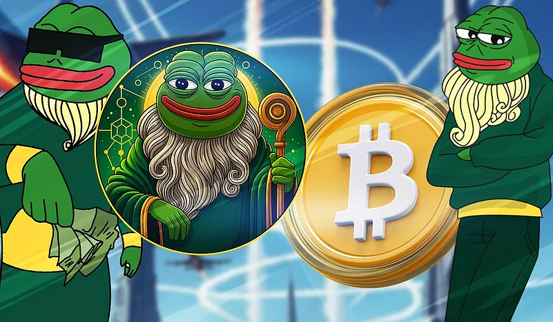 Pepe the Frog characters with cash and a large Bitcoin symbol coin