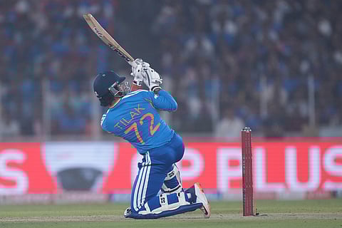 India's Tilak Varma plays a shot during the fifth T20 cricket match between India and South Africa in Ahmedabad.