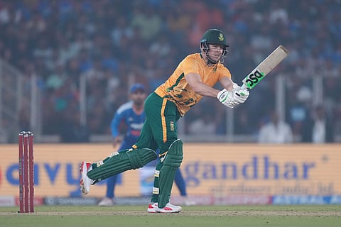 South Africa's David Miller plays a shot during the fifth T20 cricket match between India and South Africa in Ahmedabad.