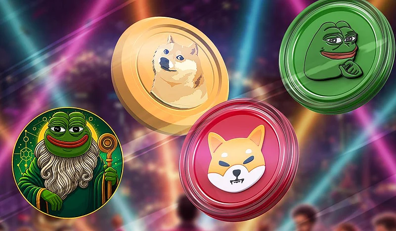 Pepe the Frog and Shiba Inu dog memecoin logos on coins