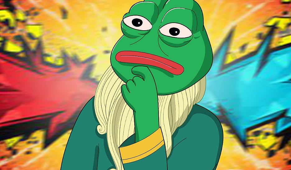 Cartoon frog character in blue outfit with colorful abstract background