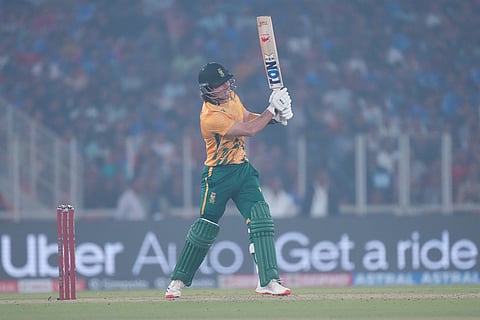 South Africa's Dewald Brevis plays a shot during the fifth T20 cricket match between India and South Africa in Ahmedabad.