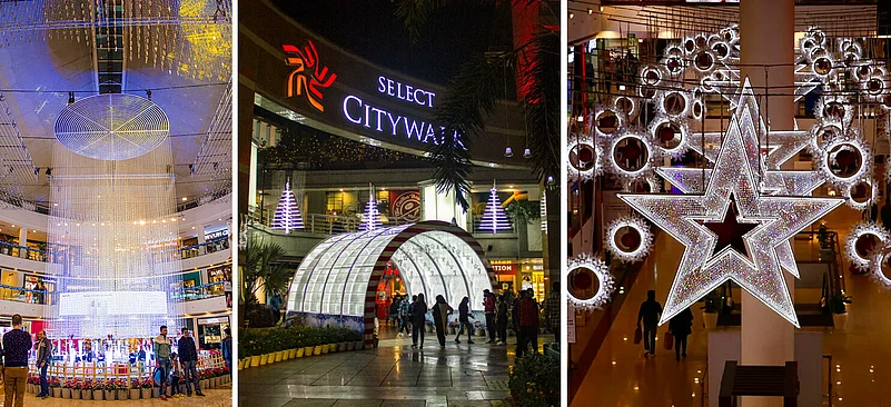 Festive lights and decorations inside and outside Select Citywalk mall