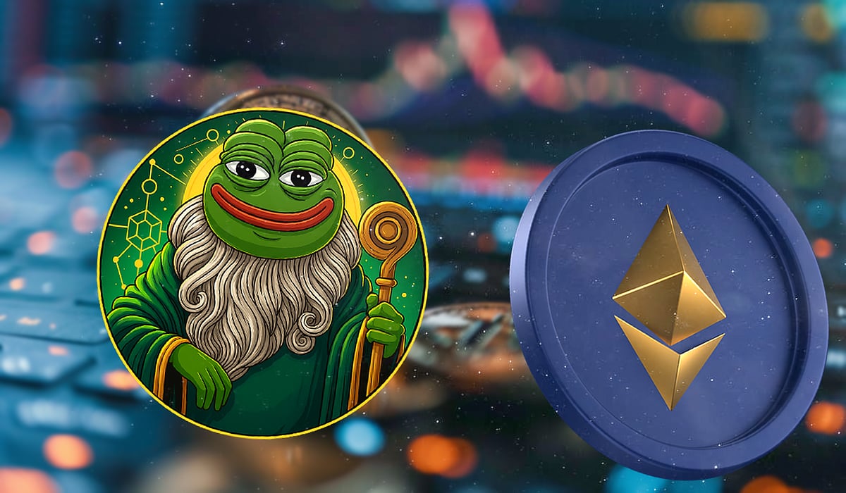 Green Pepe wizard coin next to a blue Ethereum coin on a blurry background.