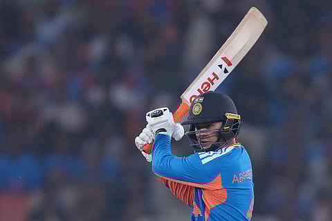 India's Abhishek Sharma plays a shot during the fifth T20 cricket match between India and South Africa in Ahmedabad.