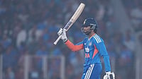 India Vs South Africa 5th T20I: Tilak Varma Hits Fifty As His Love Affair With Proteas Continues | Photo: AP/Ajit Solanki : India's Tilak Varma celebrates after scoring fifty runs during the fifth T20 cricket match between India and South Africa in Ahmedabad.