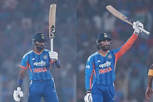 | Photo: AP/Ajit Solanki : India's Hardik Pandya and Tilak Varma