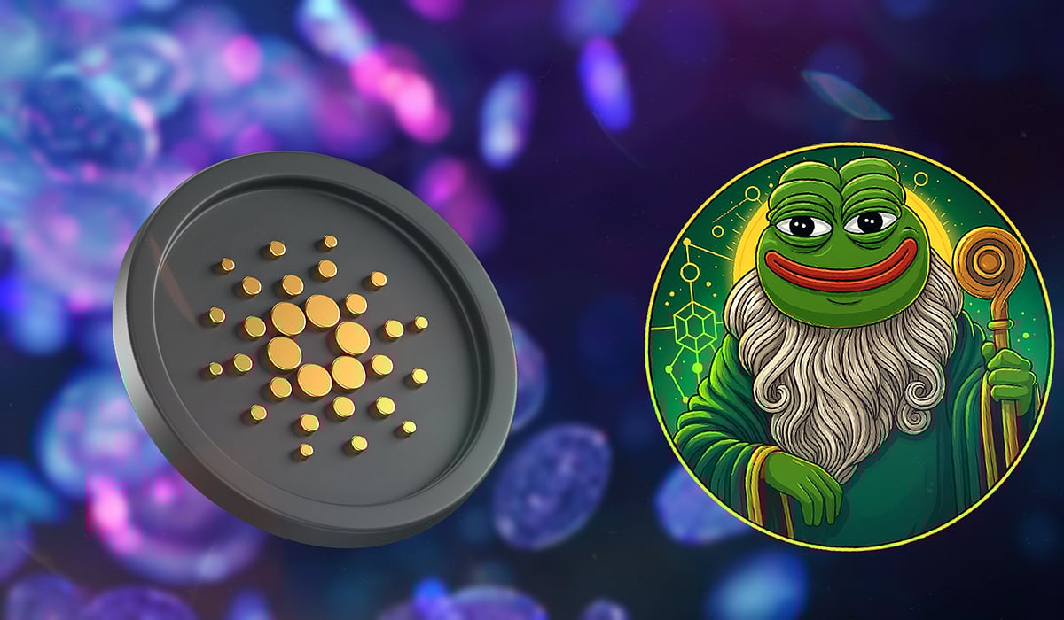 Green Pepe wizard coin next to a dark blue Cardano (ADA) coin on a glowing blue background.