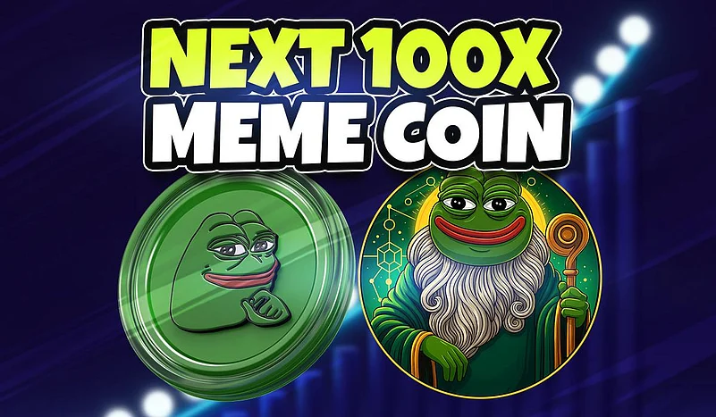 Pepe the Frog meme coin advertisement with wizard character