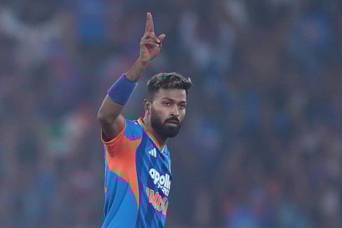 India's Hardik Pandya celebrates the dismissal of South Africa's Dewald Brevis during the fifth T20 cricket match between India and South Africa in Ahmedabad.