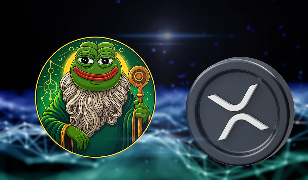 Pepe wizard coin next to an XRP coin with TOP CRYPTO TO BUY NOW text on a blue background.
