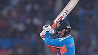 | Photo: AP/Ajit Solanki : India's Abhishek Sharma plays a shot during the fifth T20 cricket match between India and South Africa in Ahmedabad.