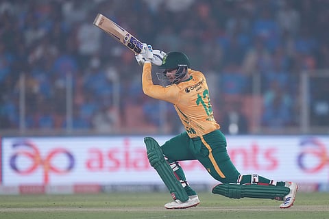 South Africa's Quinton de Kock plays a shot during the fifth T20 cricket match between India and South Africa in Ahmedabad.