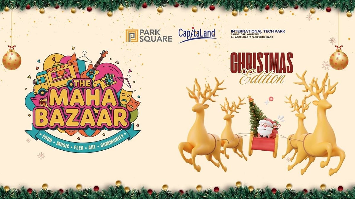 Poster for The Maha Bazaar: Christmas Edition with gold reindeer and Santa in a sleigh.