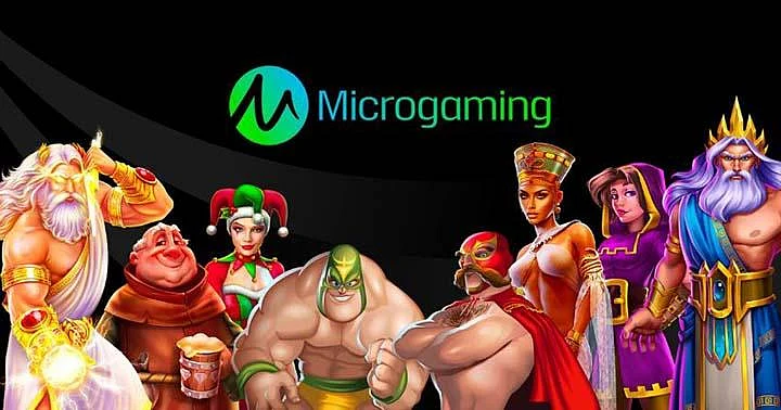 다양한 온라인 카지노 게임 캐릭터와 Microgaming 로고