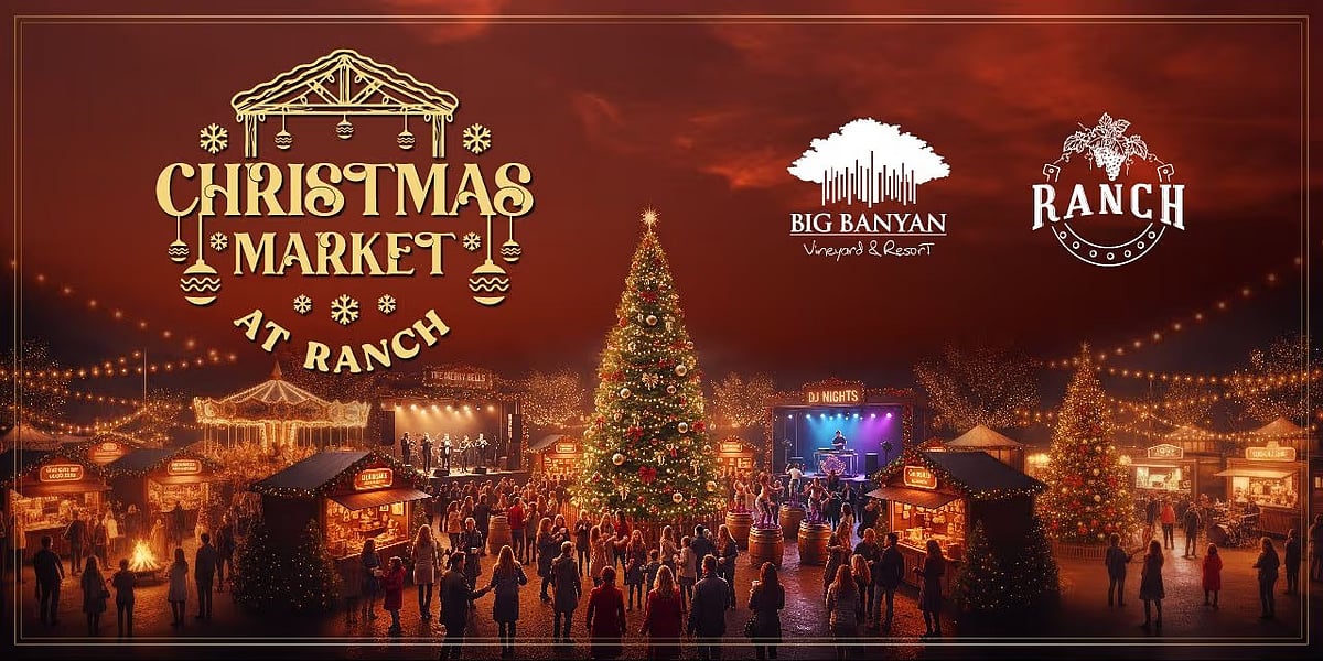 Poster for Christmas Market at Ranch featuring a glowing tree and Big Banyan Vineyard logo.