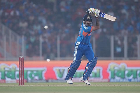 India's captain Suryakumar Yadav plays a shot during the fifth T20 cricket match between India and South Africa in Ahmedabad.