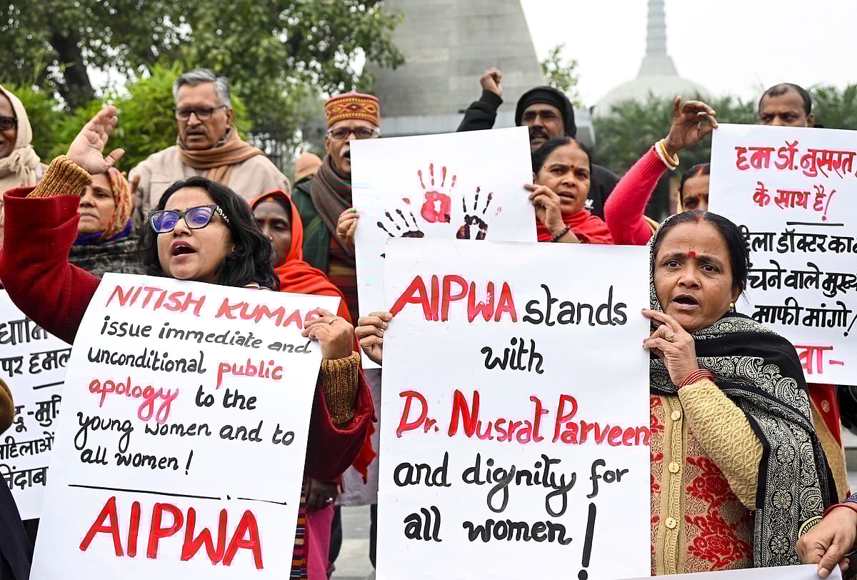 All India Progressive Women's Association (AIPWA) members hold a protest over the hijab controversy involving Bihar Chief Minister Nitish Kumar, in Patna, Friday, Dec. 19, 2025. - PTI