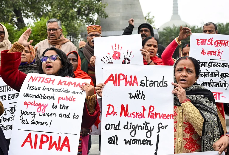 All India Progressive Women's Association (AIPWA) members hold a protest over the hijab controversy involving Bihar Chief Minister Nitish Kumar, in Patna, Friday, Dec. 19, 2025. - PTI