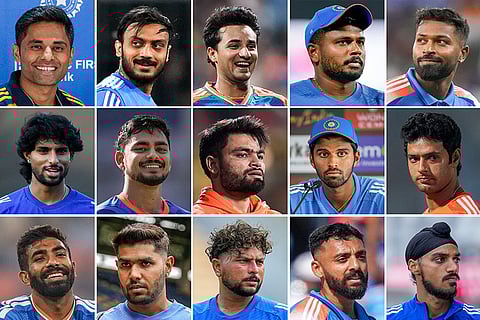 Members of India's squad for the ICC Men's T20 World Cup 2026; top row left to right, captain Suryakumar Yadav, vice captain Axar Patel, Abhishek Sharma, Sanju Samson, Hardik Pandya, middle row left to right, Tilak Varma, Ishan Kishan, Rinku Singh, Washington Sundar, Shivam Dube, bottom row left to right, Jasprit Bumrah, Harshit Rana, Kuldeep Yadav, Varun Chakravarthy and Arshdeep Singh.