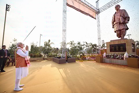 Prime Minister Narendra Modi during the unveiling of an 80-foot statue of Assam's first chief minister Gopinath Bardoloi, outside the new terminal of the airport named after him, in Guwahati, Assam.