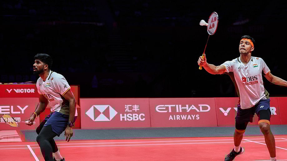 Satwiksairaj Rankireddy and Chirag Shetty in action during their men's doubles semi-final against China's Liang Wei Keng and Wang Chang at the BWF World Tour Finals on Saturday (December 20, 2025). - BWF/Badminton Photo