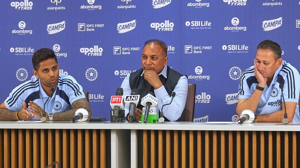 Captain Suryakumar Yadav, left, speaks as Board of Control for Cricket in India secretary Devajit Saikia, centre, and chief selector Ajit Agarkar look on during a press conference for India's squad announcement for the ICC T20 World Cup 2026 at BCCI headquarter in Mumbai. - AP