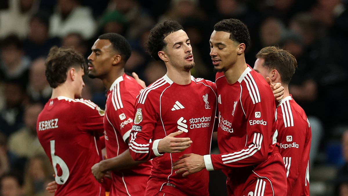 Liverpool's Hugo Ekitike, front right, celebrates with teammates after scoring his side's second goal during the English Premier League soccer match between Tottenham and Liverpool in London, Saturday, Dec. 20, 2025. - (AP Photo/Ian Walton)